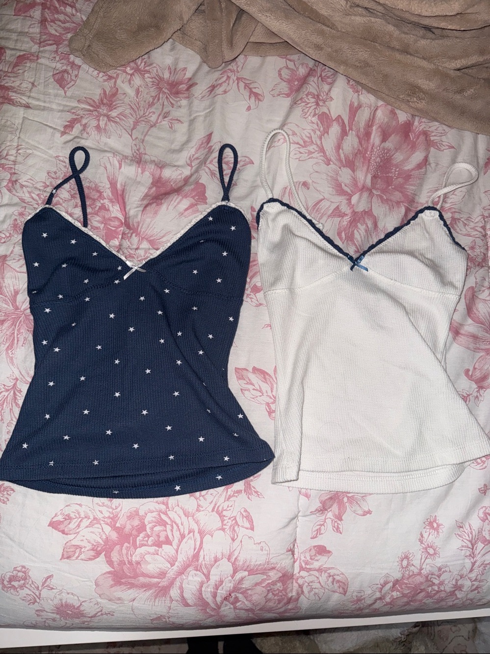 2 Pink Rose Navy Star-Print Lace Trim Camisole + matching white tank